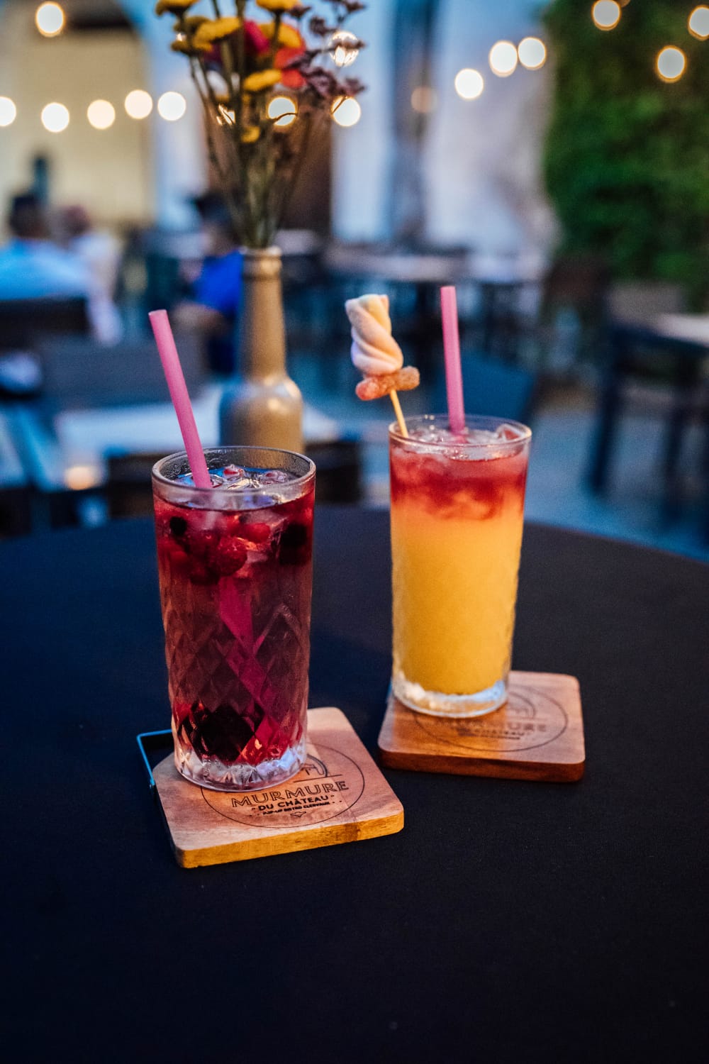 Two house cocktails on the terrace at dusk